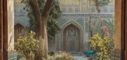 a courtyard with trees and flowers
