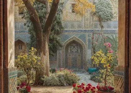 a courtyard with trees and flowers