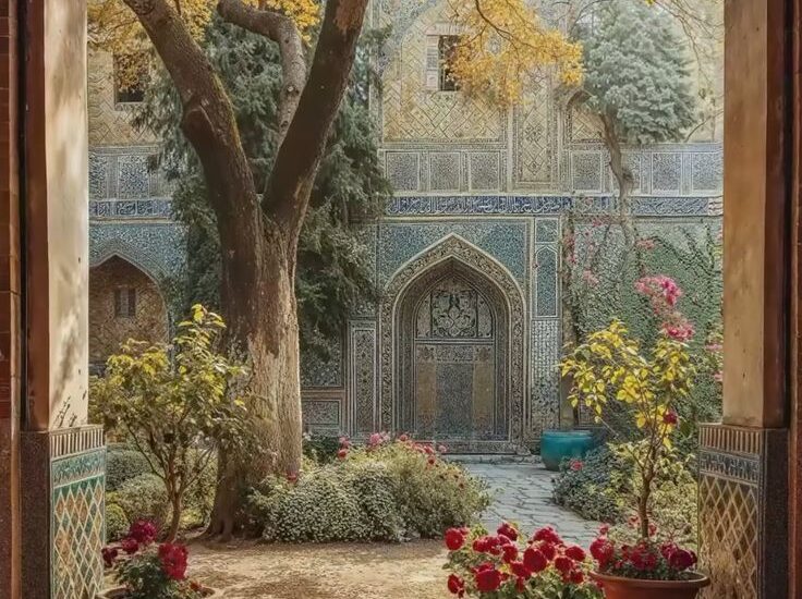 a courtyard with trees and flowers